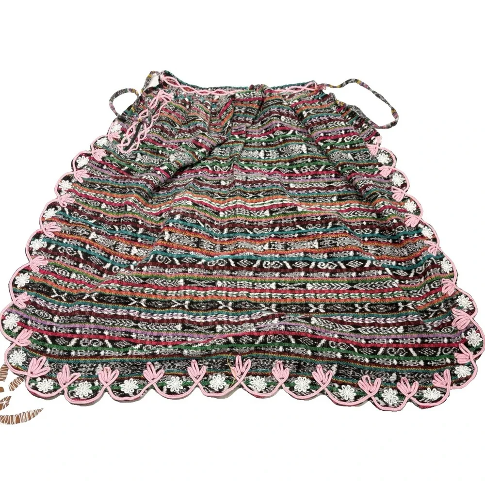 Vintage Boho Woven Apron Multicolor Ethnic‎ Stripe Pink Floral Trim Zipper 48''